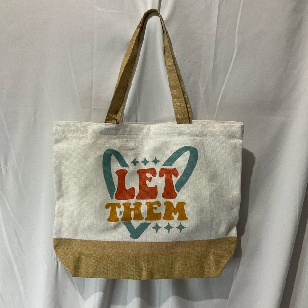 Let Them Canvas Tote Bag Large Capacity 15 X 18 X 5 Natural Linen Tan Bottom